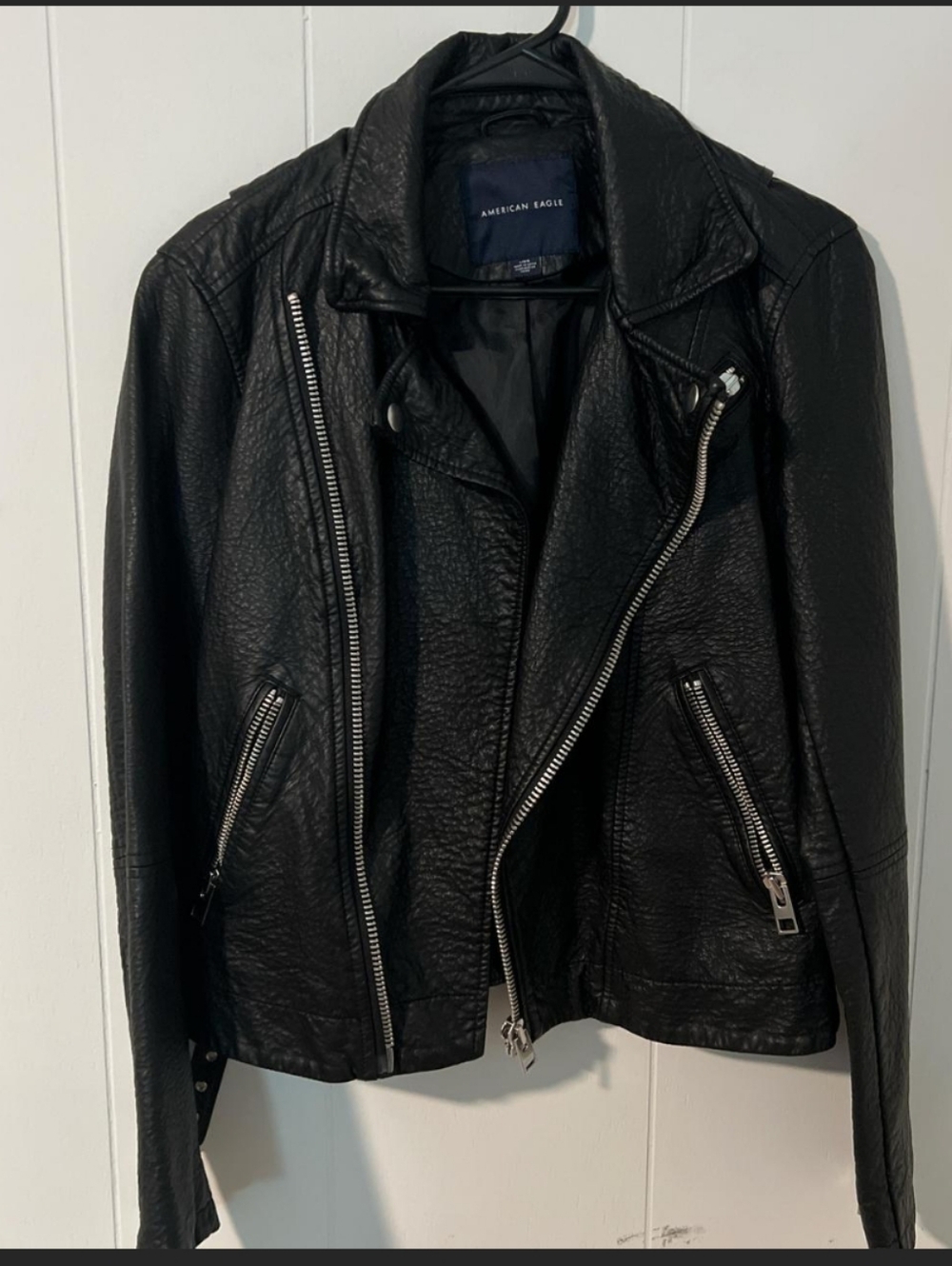 American Eagle Outfitters Black Faux Leather Moto Jacket with Silver Hardware
